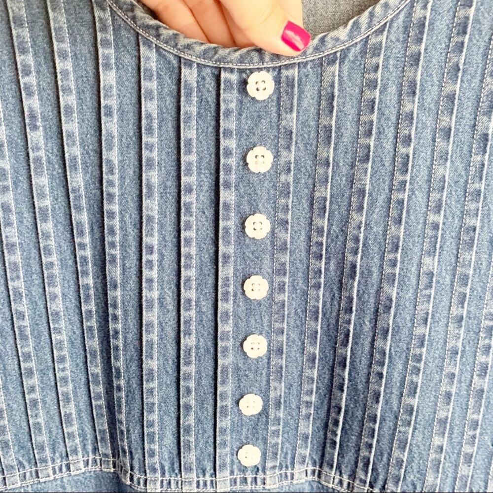 VTG Cottagecore Denim Maxi Dress 1980s White Flower Buttons Oversized Prairie S - Picture 5 of 14